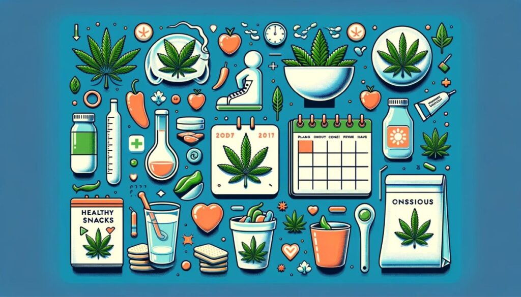 Grafika przedstawiająca strategie zarządzania gastrofazą, w tym kalendarz, zdrowe przekąski, szklankę wody i listę szczepów marihuany o niższej zawartości THC lub wyższej CBD