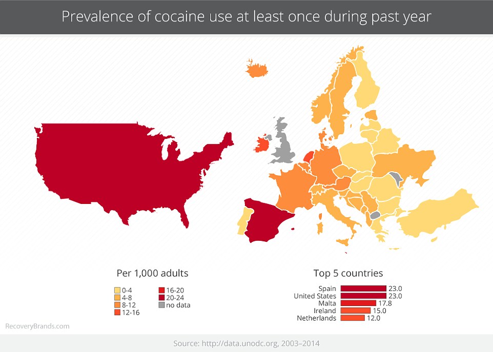 Mapa krajów, gdzie używa się najwięcej kokainy