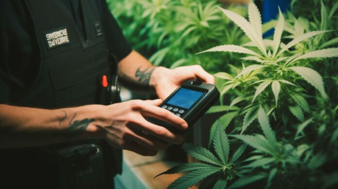 Policjant przyjmuje płatność z marihuanę
