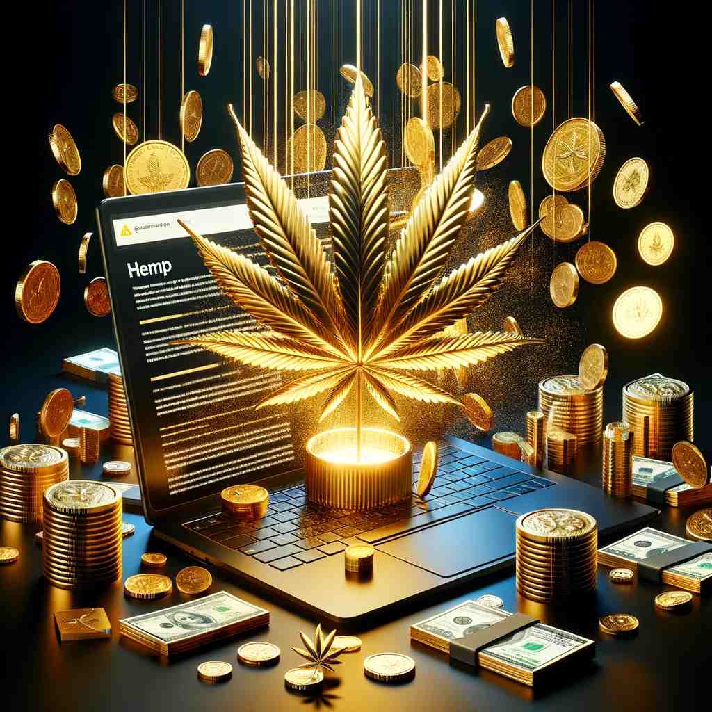 DALL·E 2023 11 16 15.54.11 A conceptual image representing high profit from purchasing a sponsored article about hemp. The scene includes a large golden hemp leaf in the center