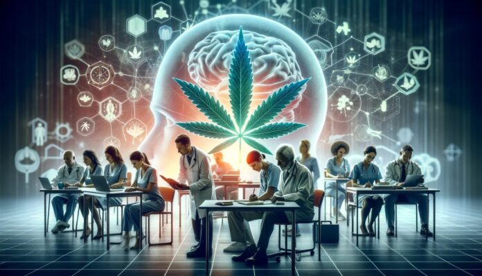 Grafika przedstawiająca grupę osób w środowisku klinicznym zajmujących się różnymi zadaniami poznawczymi, z widocznym w tle symbolem liścia medycznej marihuany, co symbolizuje skupienie badania na pozytywnym wpływie medycznej marihuany na zdolności poznawcze.
