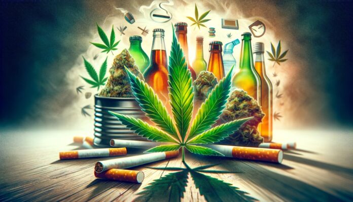 Grafika przedstawiająca zielony liść marihuany na pierwszym planie z rozmytymi butelkami alkoholu i produktami tytoniowymi w tle, symbolizująca spadek spożycia alkoholu i tytoniu wśród młodych dorosłych po legalizacji marihuany
