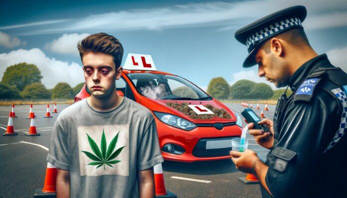 Młody mężczyzna przystępuje do egzaminu na prawo jazdy w czerwonym samochodzie z kwadratową tablicą z literą 'L' na dachu. Scena odbywa się na zewnątrz na placu manewrowym z pachołkami. Mężczyzna wygląda na zdenerwowanego, a na jego koszulce widoczny jest subtelny symbol liścia marihuany. Obok niego stoi policjant przeprowadzający test narkotykowy za pomocą przenośnego urządzenia, skupiony na teście. Tło przedstawia jasne niebo i typową aranżację placu do testów jazdy, z pachołkami i oznaczeniami drogowymi, podkreślając powagę sytuacji i środowisko testu jazdy.