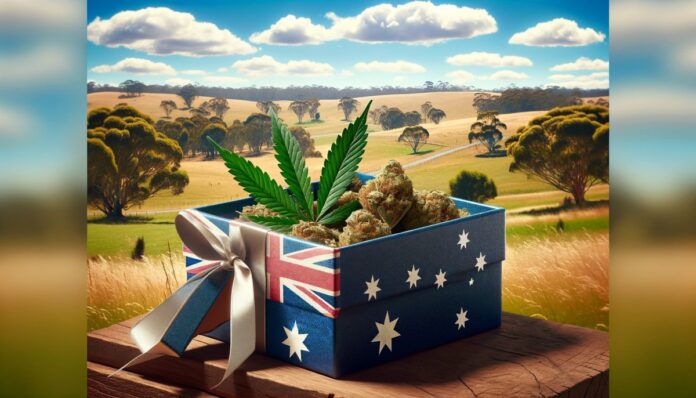 Pięknie zapakowane pudełko z prezentem z wstążką, umieszczone w malowniczym australijskim krajobrazie. Pudełko jest lekko otwarte, ukazując w środku liście marihuany. W tle widoczny spokojny wiejski krajobraz Australii z czystym niebieskim niebem i kilkoma puszystymi chmurami, symbolizujący nowe prawo w Australii, pozwalające na obdarowywanie marihuaną