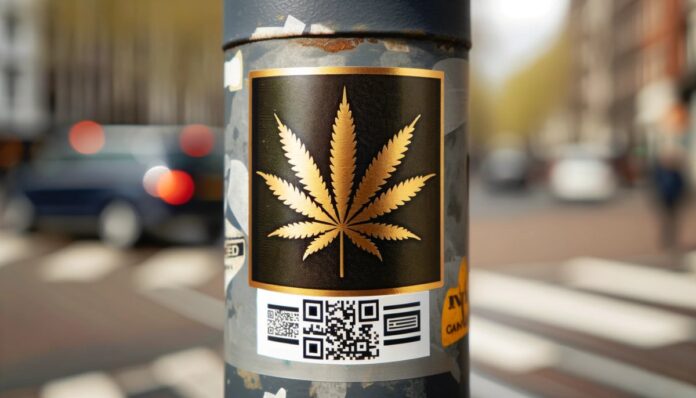 Naklejka z złotym liściem marihuany i kodem QR na miejskiej latarni, używana przez dilerów marihuany, w tle rozmazany obraz miasta.
