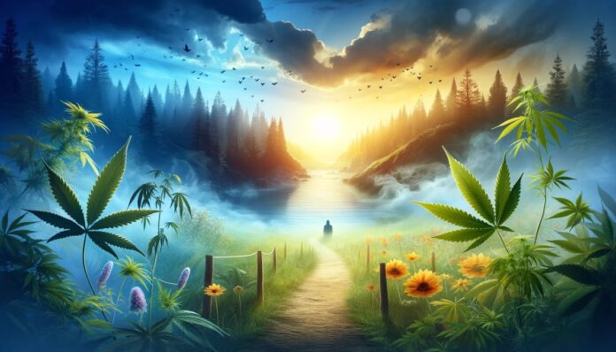 Pejzaż symbolizujący podróż przezwyciężania uzależnienia od marihuany: ścieżka prowadząca z ciemnego, splątanego lasu do jasnej, słonecznej łąki, z wschodem słońca na horyzoncie, symbolizującym nowy początek i jasne niebo, reprezentujące jasność umysłu i spokój