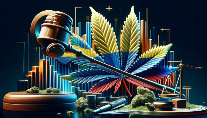 Grafika cyfrowa przedstawiająca zmianę polityki narkotykowej w Kolumbii, z dekryminalizacji na legalizację marihuany, z symbolami takimi jak młotek sądowy, liść marihuany i flaga Kolumbii.