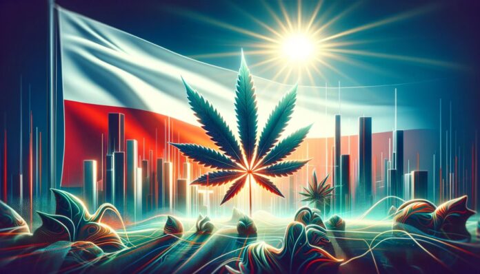 obraz symbolizuje legalizację marihuany w Polsce, nawiązujący do tematyki artykułu. Obraz przedstawia optymistyczne widzenie tej inicjatywy, z akcentami nawiązującymi do Polski oraz tematu legalizacji marihuany
