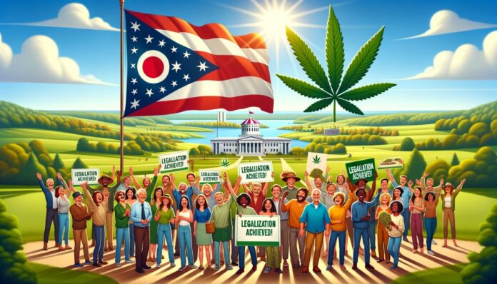 obraz przedstawiający legalizację marihuany w Ohio. Na pierwszym planie widać zróżnicowaną grupę uśmiechniętych osób różnych wieków i pochodzenia, które radośnie się zgromadziły, trzymając transparenty z napisami 'Legalizacja Osiągnięta!' oraz 'Nowa Era dla Ohio'. W tle majestatycznie powiewa flaga stanu Ohio, a subtelnie wkomponowany w scenę zielony liść marihuany podkreśla temat legalizacji. Całość utrzymana jest w jasnej, radosnej i pełnej nadziei atmosferze, na tle słonecznego dnia z czystym błękitnym niebem nad spokojnym pejzażem Ohio
