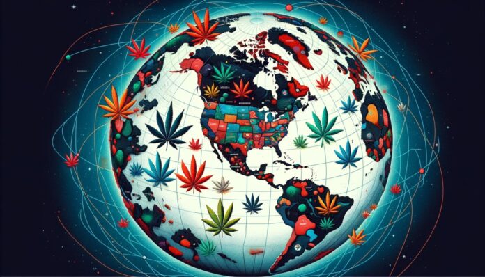 Cyfrowy obraz kuli ziemskiej z liśćmi marihuany zaznaczonymi w regionach, gdzie marihuana jest najczęściej stosowaną nielegalną substancją na świecie