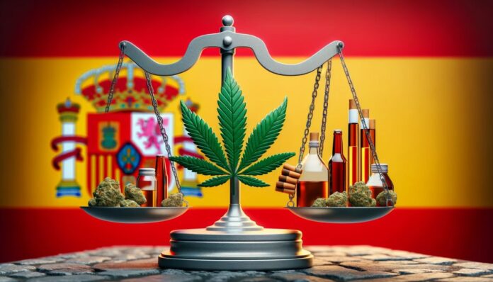 Symboliczna waga z liściem marihuany po jednej stronie i symbolami alkoholu oraz tytoniu po drugiej, wyraźnie przechylona na korzyść marihuany, na tle subtelnie przedstawionej flagi Hiszpanii oraz zabytków, ilustrująca percepcję młodzieży hiszpańskiej, że marihuana jest bezpieczniejsza niż alkohol i tytoń