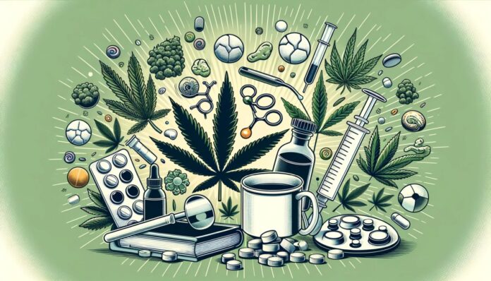 Grafika przedstawiająca kluczowe aspekty badań nad marihuaną, w tym jej składniki aktywne, terapeutyczne zastosowania, wpływ na zdrowie oraz konsekwencje legalizacji, bez użycia tekstu, w stylu edukacyjnym odpowiednim dla artykułu naukowego