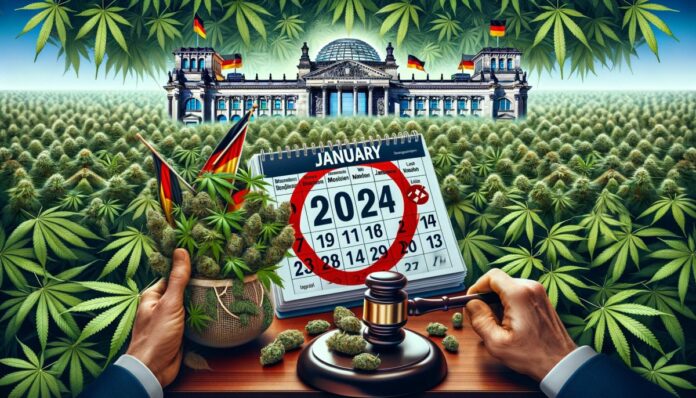 Scena przedstawiająca symboliczną stronę kalendarza na rok 2024 z wyróżnionym styczniem, Bundestag w tle z wzorem liści marihuany, ręce trzymające młotek sędziowski i bukiet liści marihuany