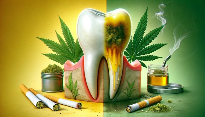 obraz ilustrujący wpływ palenia marihuany na zdrowie zębów z podziałem na dwa obszary: po lewej stronie zdrowy, biały ząb i liść marihuany symbolizujące użycie marihuany bez negatywnego wpływu na zęby, a po prawej stronie ząb z żółtymi plamami wskazujący na negatywne skutki palenia marihuany na zęby.