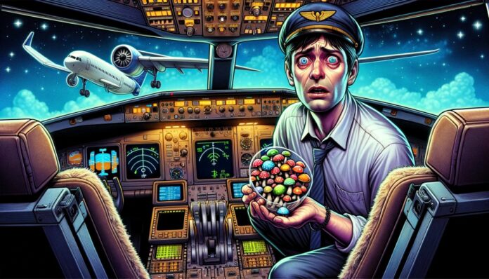 Pilot w kokpicie, wyraźnie zaniepokojony i zdezorientowany, trzymający garść grzybów halucynogennych. W tle widoczne są różne instrumenty lotnicze, podkreślające dramatyczność sytuacji i dylemat pilota