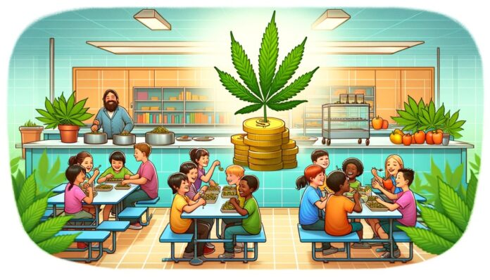 Ilustracja przedstawiająca radosną stołówkę szkolną z różnorodnymi grupami dzieci cieszących się zdrowymi i smacznymi posiłkami. W tle symboliczne przedstawienie liści marihuany przekształcających się w monety, co symbolizuje zamianę wpływów podatkowych na obiady szkolne. Sceneria jest jasna i pozytywna, podkreślając korzystny wpływ programu na odżywianie i dobrostan dzieci.