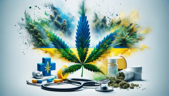 obraz przedstawiający legalizację medycznej marihuany na Ukrainie. Zawiera on symboliczne elementy reprezentujące Ukrainę oraz medyczną marihuanę.