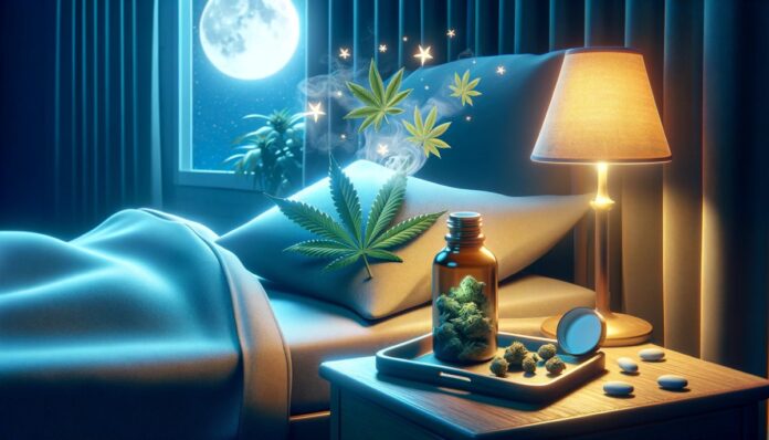 Spokojny pejzaż nocny z delikatnymi symbolami marihuany, sugerujący poprawę jakości snu po jej użyciu