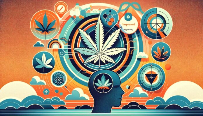 Abstrakcyjna ilustracja przedstawiająca skuteczność marihuany w leczeniu objawów ADHD, zawierająca symbole takie jak liść konopi, spokojna i skoncentrowana postać oraz abstrakcyjne reprezentacje poprawy stanu psychicznego.