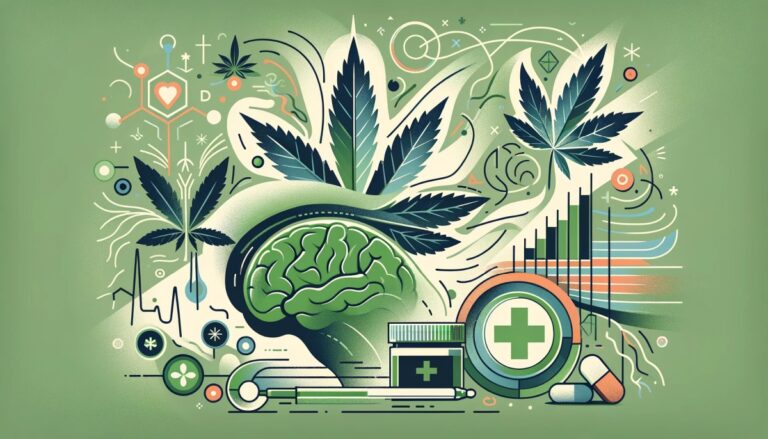 Symboliczne przedstawienie marihuany medycznej i ADHD z elementami medycznymi i abstrakcyjnymi, w tonacji stonowanej zieleni, odzwierciedlające tematykę zdrowia psychicznego i neurodywersji