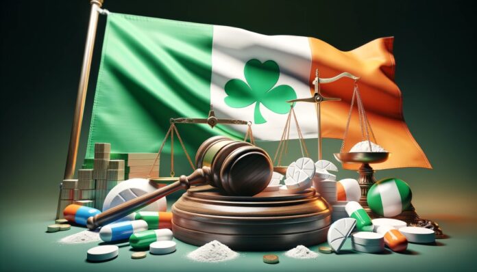 Flaga Irlandii z symbolami reprezentującymi dekryminalizację narkotyków, w tym młotek sądowy, wagi sprawiedliwości i symboliczne przedstawienie narkotyków, które przechodzą od negatywnej przestrzeni do bardziej neutralnej, wszystko zintegrowane z kolorami flagi Irlandii, sugerujące postęp i reformę w polityce narkotykowej