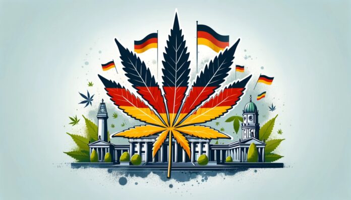 Profesjonalna ilustracja cyfrowa symbolizująca legalizację marihuany w Niemczech. Na obrazie widoczny jest liść marihuany nałożony na stylizowaną flagę Niemiec, z ikonicznymi niemieckimi zabytkami takimi jak Brama Brandenburska i Reichstag w tle