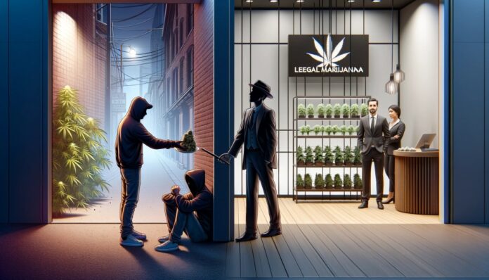 Infografika przedstawiająca kontrast między nielegalnym dilerem marihuany w ciemnej bramie a nowoczesnym, legalnym sklepem z marihuaną.