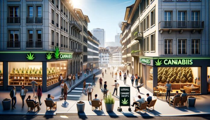 Scena miejska w Lozannie przedstawiająca nowoczesną ulicę z charakterystyczną szwajcarską architekturą. Na pierwszym planie widoczny jest elegancki i profesjonalnie zaprojektowany legalny sklep z marihuaną, z wyraźnym i wyszukanym oznakowaniem wskazującym na jego legalny status. W tle różnorodna grupa konsumentów - od młodych dorosłych po osoby w średnim wieku - przedstawiona jest w pozytywny i odpowiedzialny sposób. Ogólna atmosfera obrazu oddaje postęp, bezpieczeństwo i regulacje, co odzwierciedla szwajcarskie podejście do legalizacji cannabisu. Scena ma miejsce w ciągu dnia, z jasnym niebem, co ilustruje otwartość i przejrzystość nowej polityki miasta. Obraz jest szczegółowy i realistyczny, oddający istotę nowoczesnego, postępowego miasta, które akceptuje zmiany