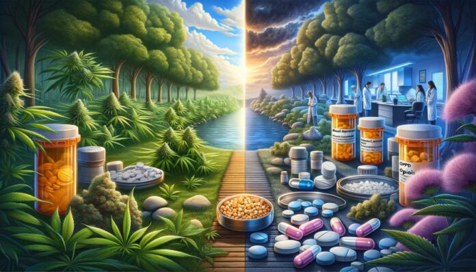 Ilustracja podzielona na dwie części, przedstawiająca porównanie między marihuaną medyczną a opioidami w leczeniu przewlekłego bólu niezwiązanego z rakiem. Lewa strona obrazu ukazuje spokojną, naturalną scenę z zielonymi liśćmi marihuany, tworzącą kojącą atmosferę. Prawa strona obrazu przedstawia kliniczne środowisko z butelkami z lekami i pigułkami, symbolizujące opioidy. Centrum obrazu delikatnie łączy te dwie połowy, ilustrując równowagę i porównanie w leczeniu przewlekłego bólu. Styl jest realistyczny i edukacyjny, odpowiedni dla artykułu medycznego.