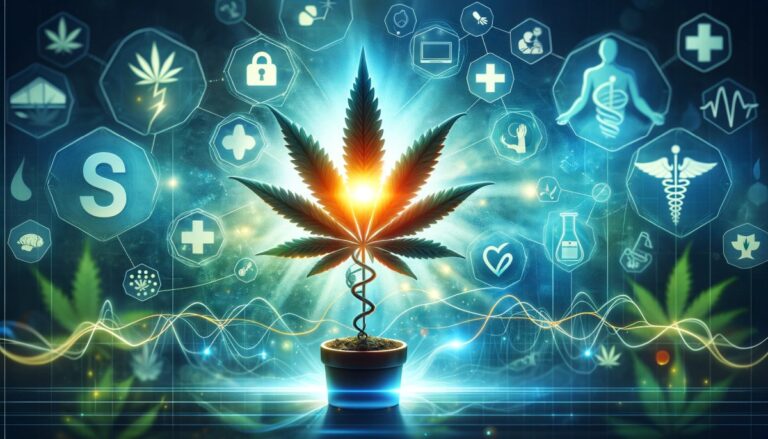 Ilustracja cyfrowa podkreślająca skuteczność medycznej marihuany w leczeniu depresji, z symbolami zdrowia psychicznego i nadziei.