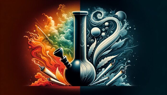 obraz, który abstrakcyjnie przedstawia różnice między paleniem marihuany za pomocą bonga i jointa. Obraz zawiera stylizowane przedstawienie bonga i jointa, z elementami wizualnymi takimi jak dym, woda i ogień, które reprezentują koncepcje filtracji, intensywności i metody konsumpcji. Design jest artystyczny i metaforyczny, skupiając się na różnicach w doświadczeniach palenia obu metod.