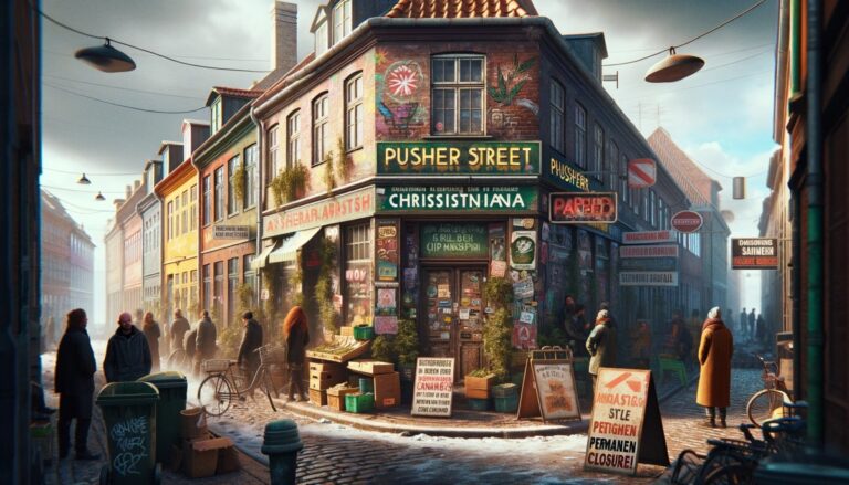 Ilustracja przedstawia Pusher Street w dzielnicy Christiania w Kopenhadze