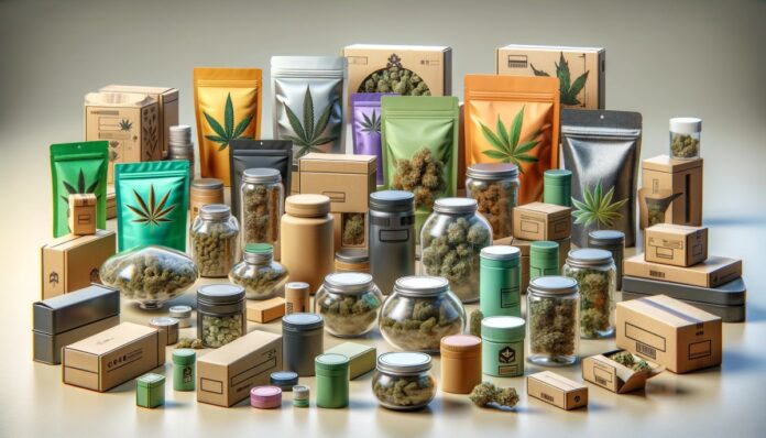 Różnorodne opakowania na marihuanę, w tym słoiki szklane, puszki metalowe, pudełka kartonowe i elastyczne torebki, ukazujące nowoczesność i innowacyjność rynku opakowań konopnych w Ameryce Północnej