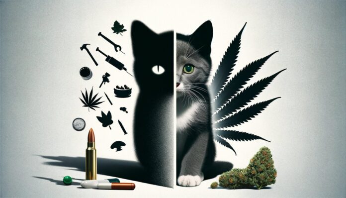 Obraz konceptualnie ilustruje tematykę artykułu o 30-latku ze Świebodzic, który skatował kota, a grozi mu 20 lat więzienia za uprawę marihuany