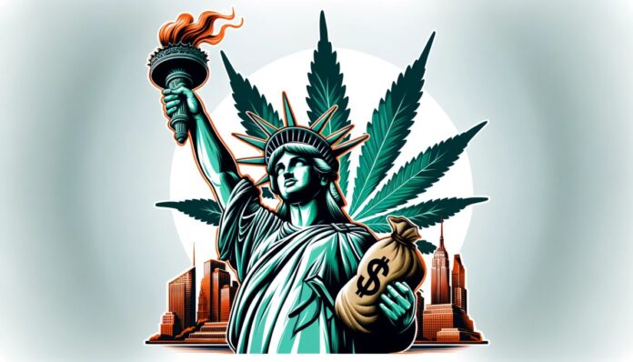 obraz, który łączy motyw Statuy Wolności z tematami marihuany i pieniędzy, symbolizując sukces finansowy legalnego rynku marihuany w Nowym Jorku