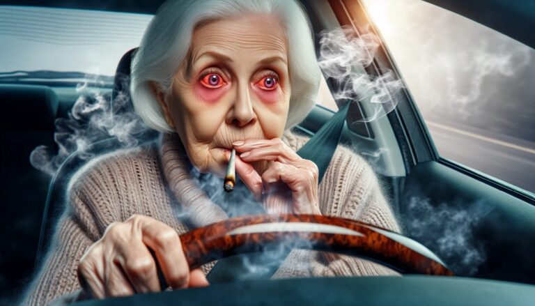 Starsza kobieta z lekko przekrwionymi oczami, trzymająca jointa, prowadząca samochód z dymem unoszącym się z okien, ilustrująca wpływ palenia konopi na zdolności prowadzenia pojazdu przez starszych dorosłych