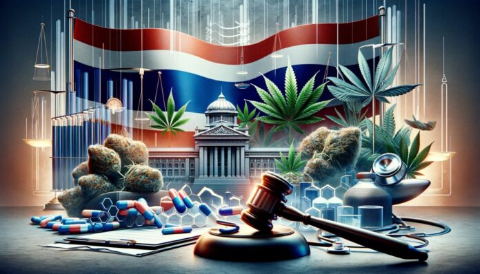 Obraz konceptualny ilustrujący zmianę polityki w zakresie marihuany w Tajlandii. Na pierwszym planie widoczne są symbole rządu i prawa, takie jak młotek sędziowski i dokumenty prawne, oraz rośliny marihuany. W tle znajduje się flaga Tajlandii oraz elementy wskazujące na medyczne zastosowanie marihuany, symbolizujące przejście do wykorzystania marihuany w celach medycznych. Kompozycja jest zrównoważona i oddaje napięcie między tradycyjnymi a postępowymi aspektami zmiany polityki. Styl obrazu jest wyrafinowany i odpowiedni do artykułu prasowego, koncentruje się na wizualnym opowiadaniu historii, ukazując złożony charakter zmiany polityki.