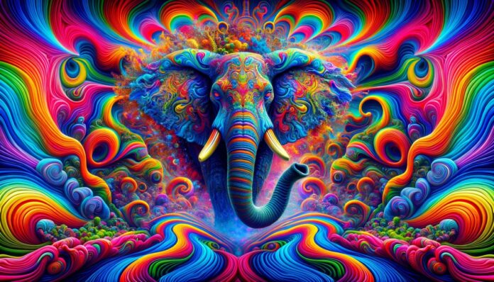 obraz słonia pod wpływem LSD, w motywie psychodelików