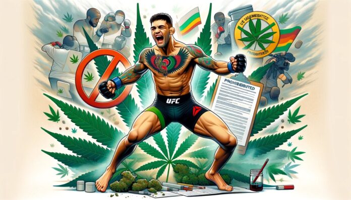 Ilustracja przedstawiająca zawodnika Ultimate Fighting Championship (UFC) w dynamicznej pozie, ubranego w rękawice MMA i szorty, wyglądającego na zdeterminowanego i silnego. W tle widoczne jest duże, wyblakłe logo UFC. Wokół zawodnika znajdują się symboliczne elementy, takie jak zielony liść marihuany, znak zakazu przekreślony na nim, oraz dokument reprezentujący nową politykę. Całość ma triumfalny i progresywny ton, przekazując poczucie pozytywnej zmiany w polityce sportowej.