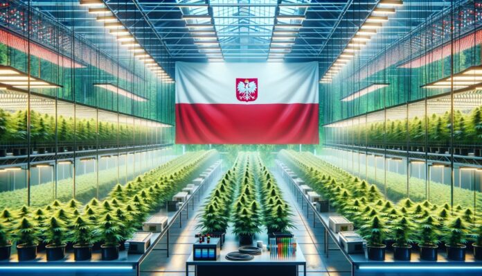 obraz przedstawiający nowoczesną farmę indoor w Polsce, gdzie uprawiana jest medyczna marihuana. Na obrazie widoczna jest flaga Polski, umieszczona w centralnej części uprawy, co podkreśla narodowy charakter tego przedsięwzięcia.