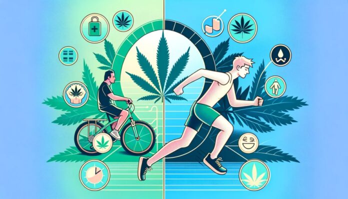 Grafika przedstawia podzielony na dwie części obraz ilustrujący wpływ konsumpcji cannabis na ćwiczenia. Po lewej stronie widzimy osobę energiczną i czerpiącą przyjemność z ćwiczeń, być może biegającą lub jeżdżącą na rowerze, z subtelnym motywem liścia cannabis w tle. Po prawej stronie obrazu znajduje się osoba wydająca się zmęczona i lekko zmagająca się podczas ćwiczeń, z kontrastującym tłem, które również subtelnie włącza motyw liści cannabis. Grafika zawiera ikony i symbole reprezentujące pozytywne aspekty, takie jak przyjemność i skupienie, oraz negatywne aspekty, jak zwiększony wysiłek. Styl grafiki jest nowoczesny, czysty i odpowiedni dla artykułu edukacyjnego lub naukowego. Obraz jest dobrze zbalansowany, angażujący i informacyjny, idealnie pasujący do artykułu omawiającego efekty cannabis na ćwiczenia.
