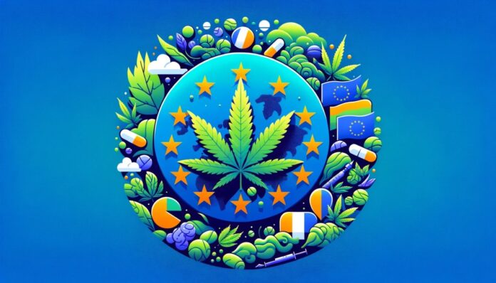 Plakat promujący Europejską Inicjatywę na rzecz Marihuany z mapą Europy, ikonami marihuany na krajach UE, oraz elementami graficznymi symbolizującymi badania i aspekty legislacyjne, na tle gradientu od zielonego przez niebieski do jasnego koloru