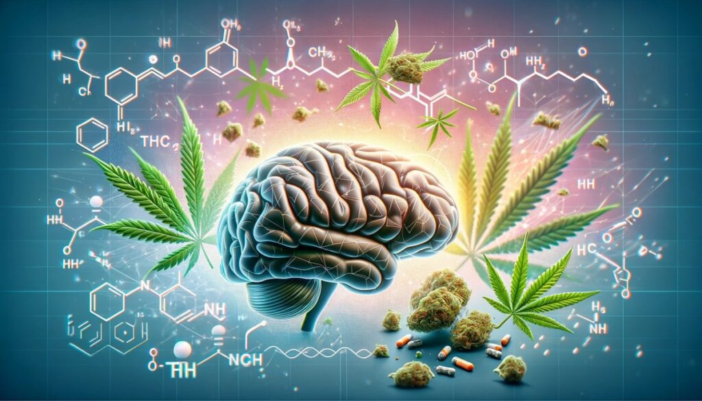 Ilustracja przedstawiająca zjawisko gastrofazy z akcentem na interakcję THC z mózgiem, symbolizowaną przez liście marihuany, molekuły THC i graficzne przedstawienie mózgu
