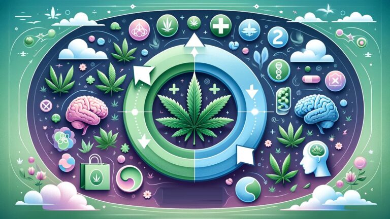 Obraz, który wizualnie przedstawia koncept doświadczania fazy po użyciu medycznej marihuany, łącząc elementy związane z jej terapeutycznymi aspektami oraz efektami psychoaktywnymi.