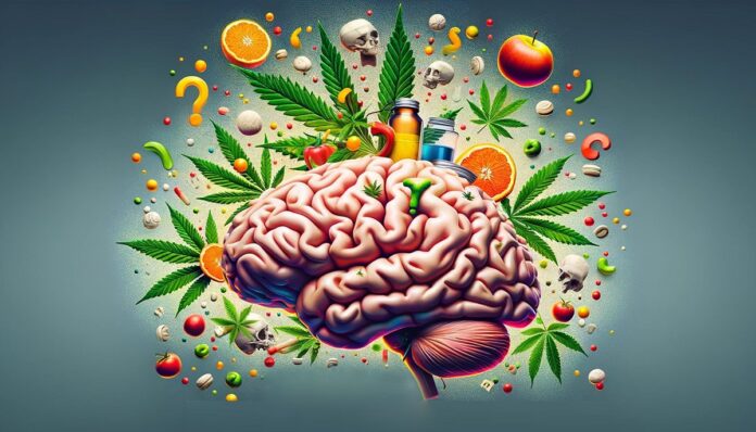 Kreatywna ilustracja przedstawiająca mózg z wplecionym znakiem zapytania wśród liści marihuany i owoców, symbolizująca badanie przyczyn wzmożonego apetytu, znanego jako gastrofaza, po spożyciu marihuany