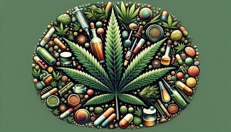 Symboliczna ilustracja przedstawiająca liść marihuany rozświetlający otaczającą ciemność, podkreślająca nadzieję i pozytywne zmiany dzięki terapeutycznym właściwościom marihuany