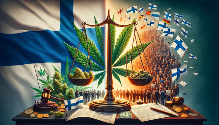 Debata na temat legalizacji cannabis w Finlandii, przedstawiająca kontrast między tradycyjnym stanowiskiem a rosnącym poparciem publicznym