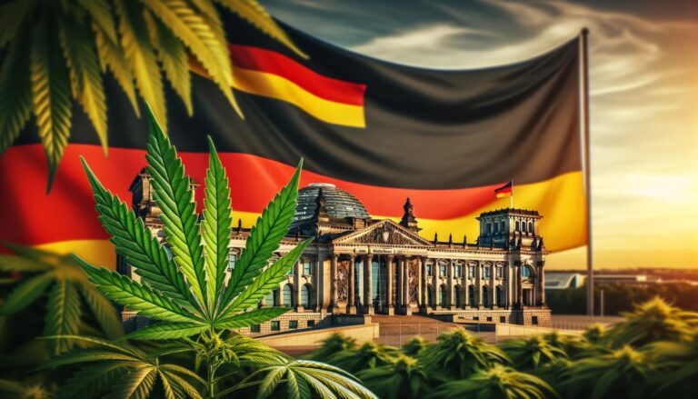 Liście marihuany na tle flagi Niemiec z Bundestagiem w tle, symbolizujące legalizację marihuany