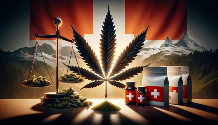 Symboliczne przedstawienie przejścia od nielegalnej do legalnej marihuany w Szwajcarii z flagą szwajcarską, liściem marihuany i neutralnym opakowaniem, podkreślające ochronę zdrowia i konsumentów.