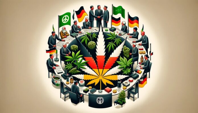Symboliczne przedstawienie porozumienia koalicji rządowej Niemiec w sprawie legalizacji marihuany, z flagą Niemiec i liśćmi marihuany